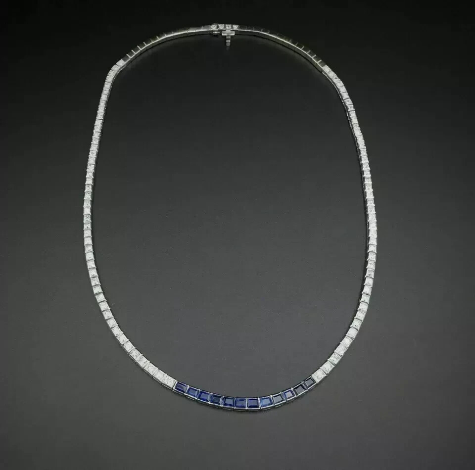10CT Princess Cut Blue Sapphire Lab Crated Tennis Necklace 14K White Gold Plated