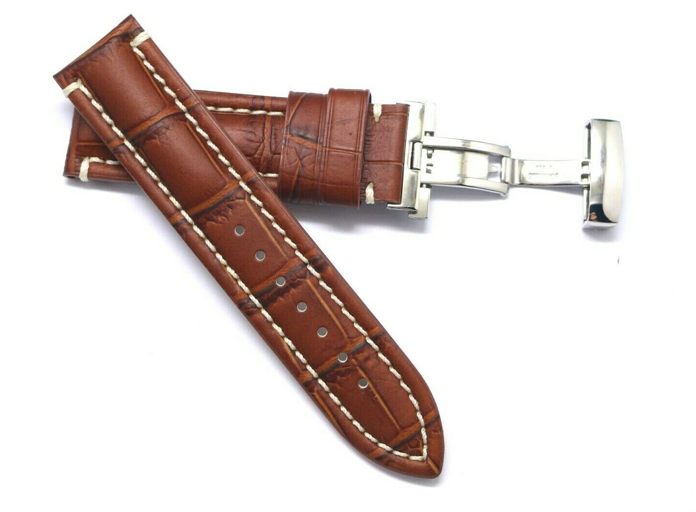 22mm Brown Leather Contrast Stitch Croco Watch Strap W/ Silver Push Button Clasp