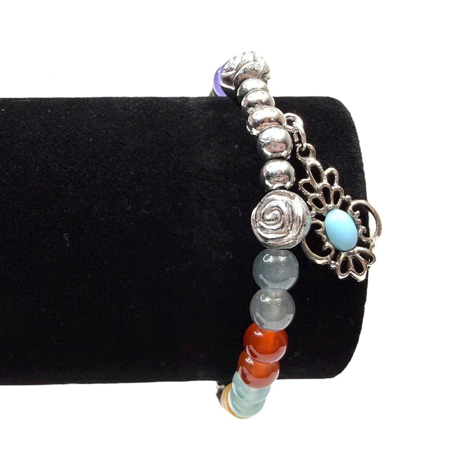Silver Tone Glass Beaded Colorful Turquoise Charm Bracelet Stretch Band Jewelry