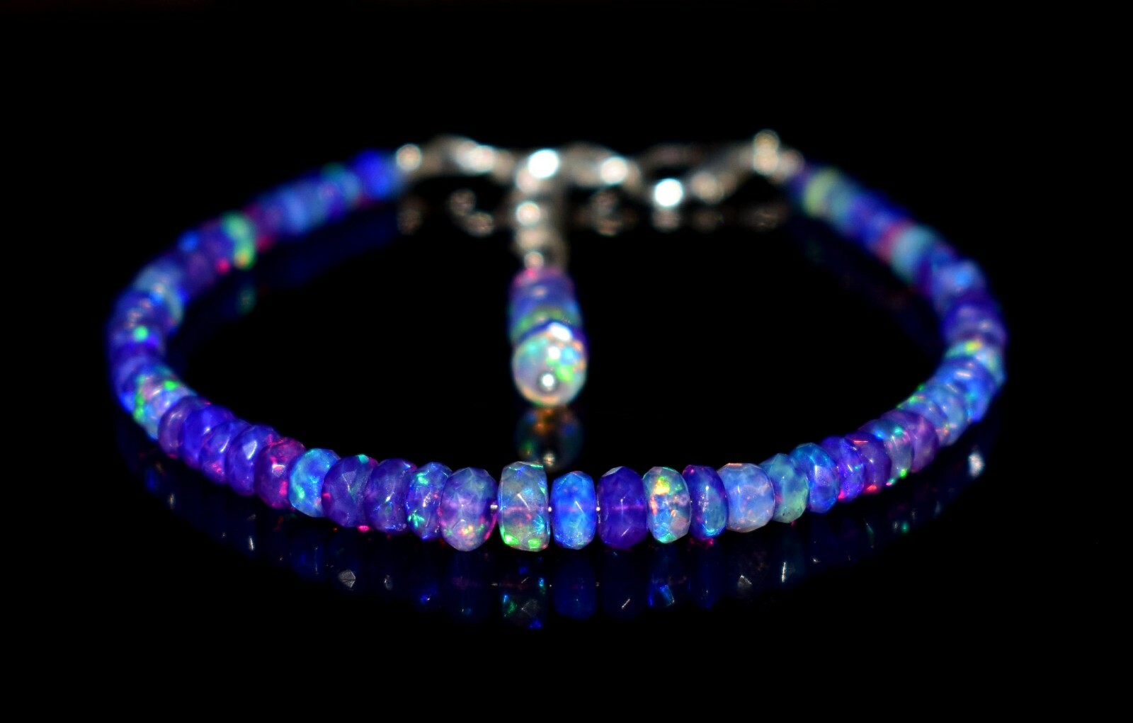 Natural Ethiopian Wello Fire Purple Opal Gemstone Faceted Beads 7″Bracelet F1452