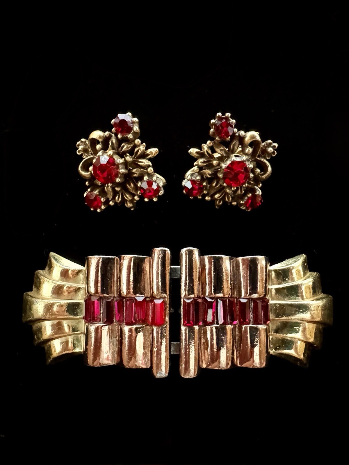 CORO Duette RUBY Red Rhinestone Brooch + Coro Floral Clip Earrings | Vintage Set