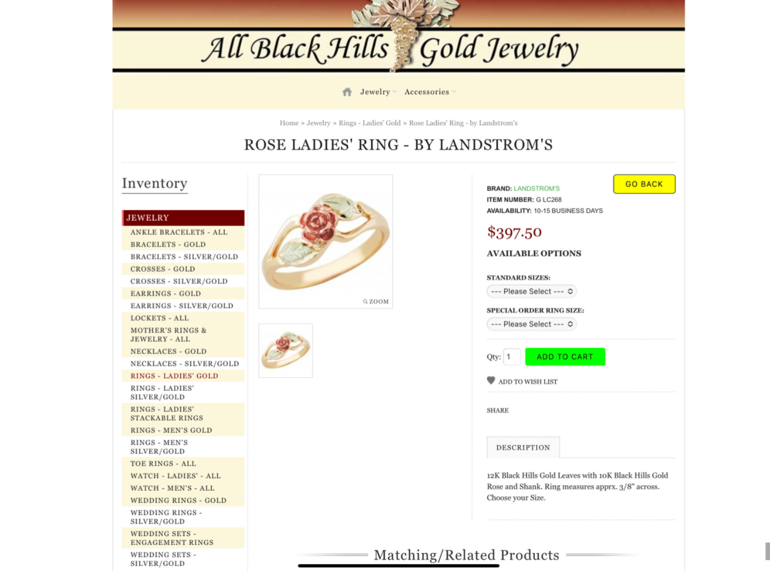 Black Hills Gold 10k Landstrom’s Rose Leaves Ring Size 6 1/2