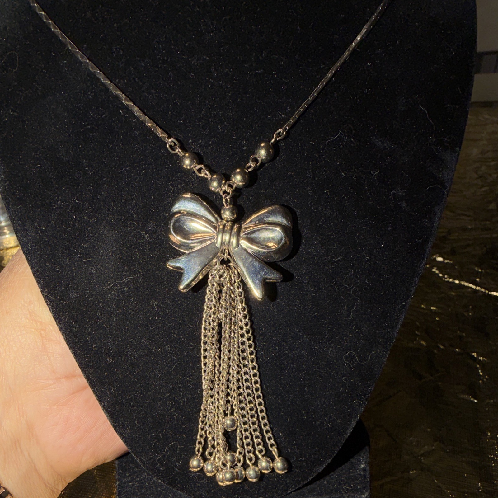 Silver-Tone Korean Vintage Metal Bow Tassel Pendant Necklace, Snake Chain,