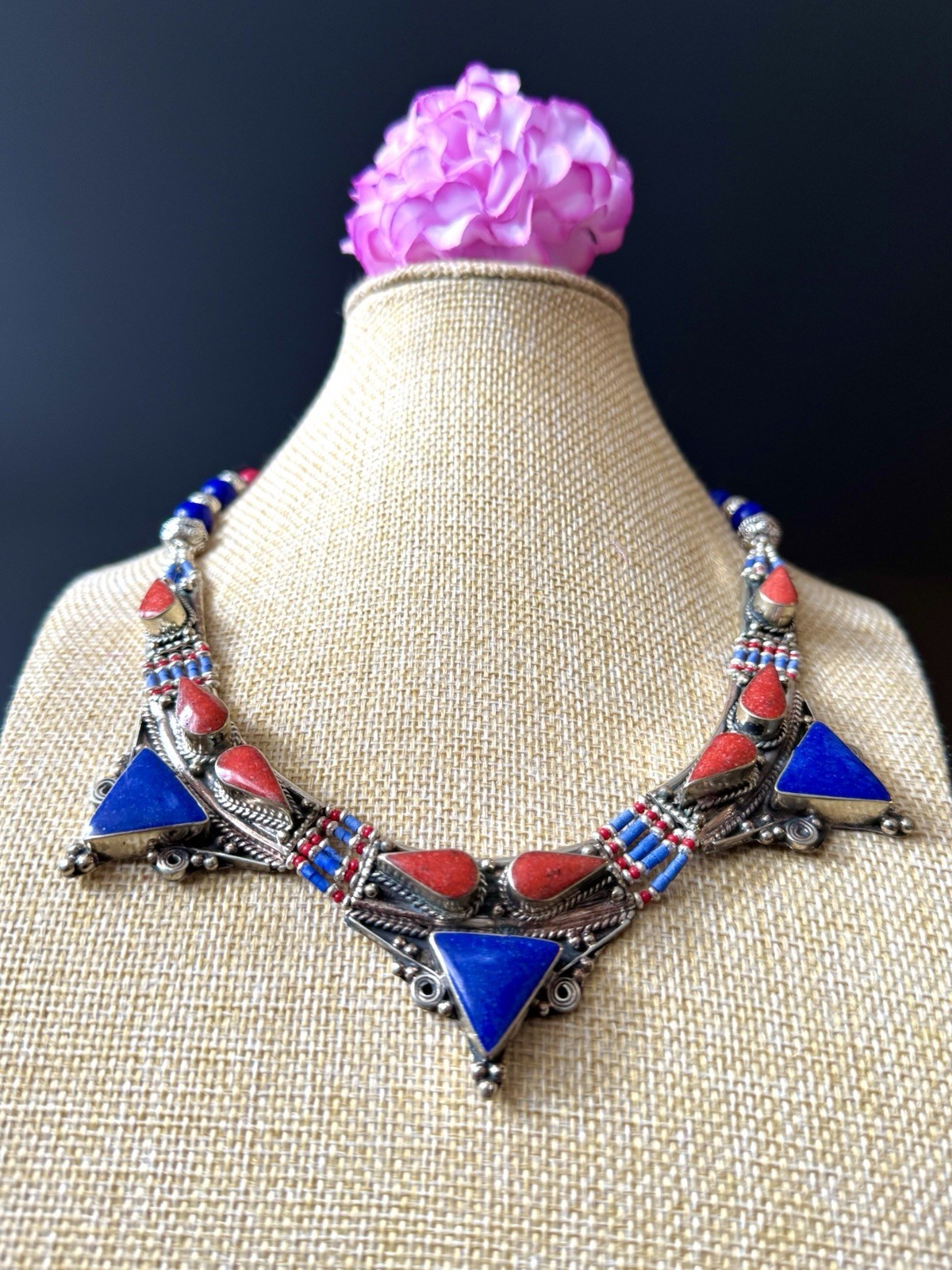 Vintage Ethnic Tribal Pyramid Design Handmade Silver Necklace Inlay Stones 116gr