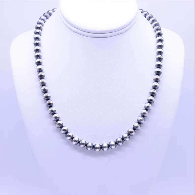 6MM Navajo Pearl 925 Sterling Silver Necklace, Handcrafted Silver Beads Jewelry