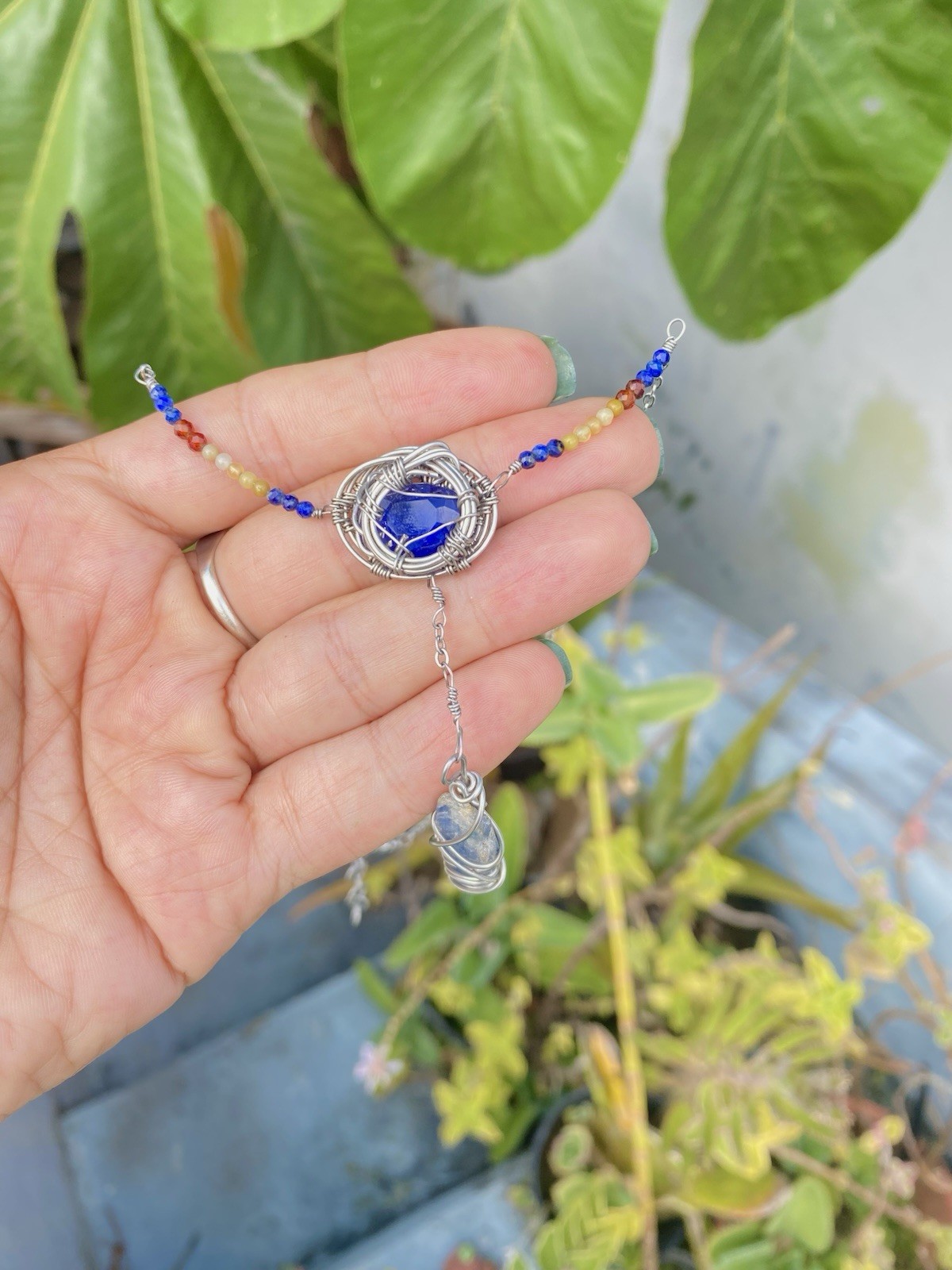 Handcrafted Wire Wrapped Blue Tanzanite Oval Pendant Beaded Necklace Steel Chain