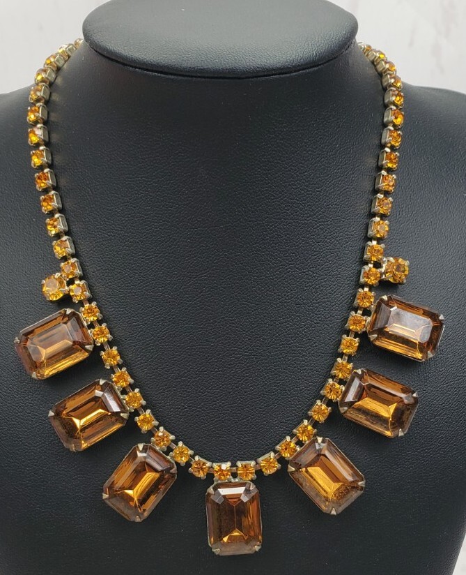 Vintage Champagne Faux Citrine Bling Necklace and Bracelet Gold Tone