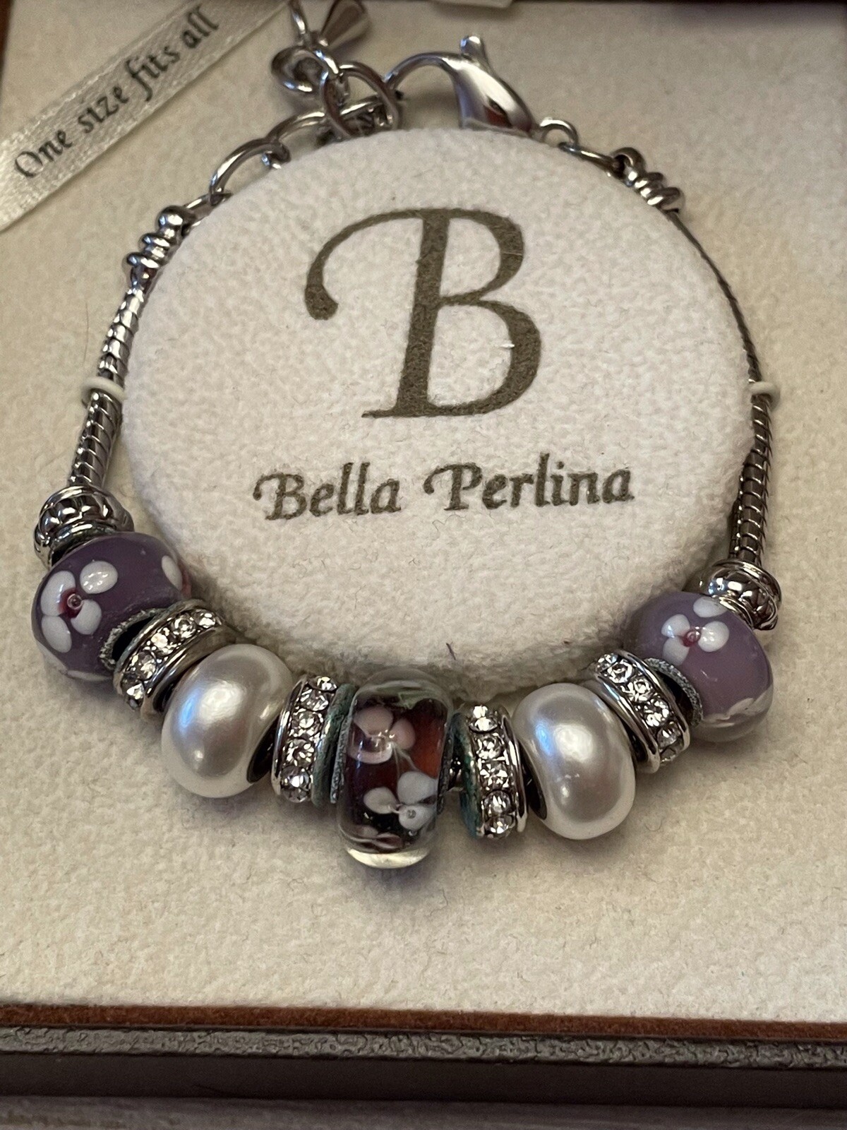 Bella Perlina SET Bracelet Necklace Earrings Slide Charm Purple White Beads NIB