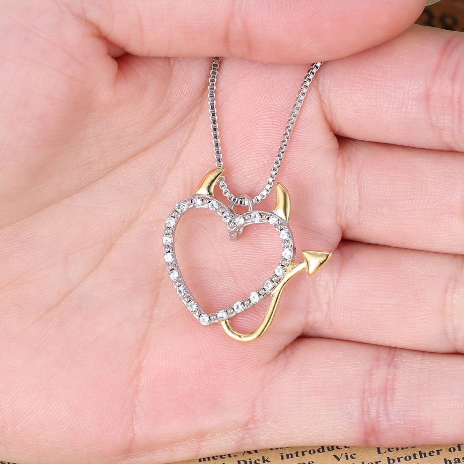 DEVIL LOVE HEART CRYSTAL PENDANT NECKLACE WITH HORNS SILVER & GOLD