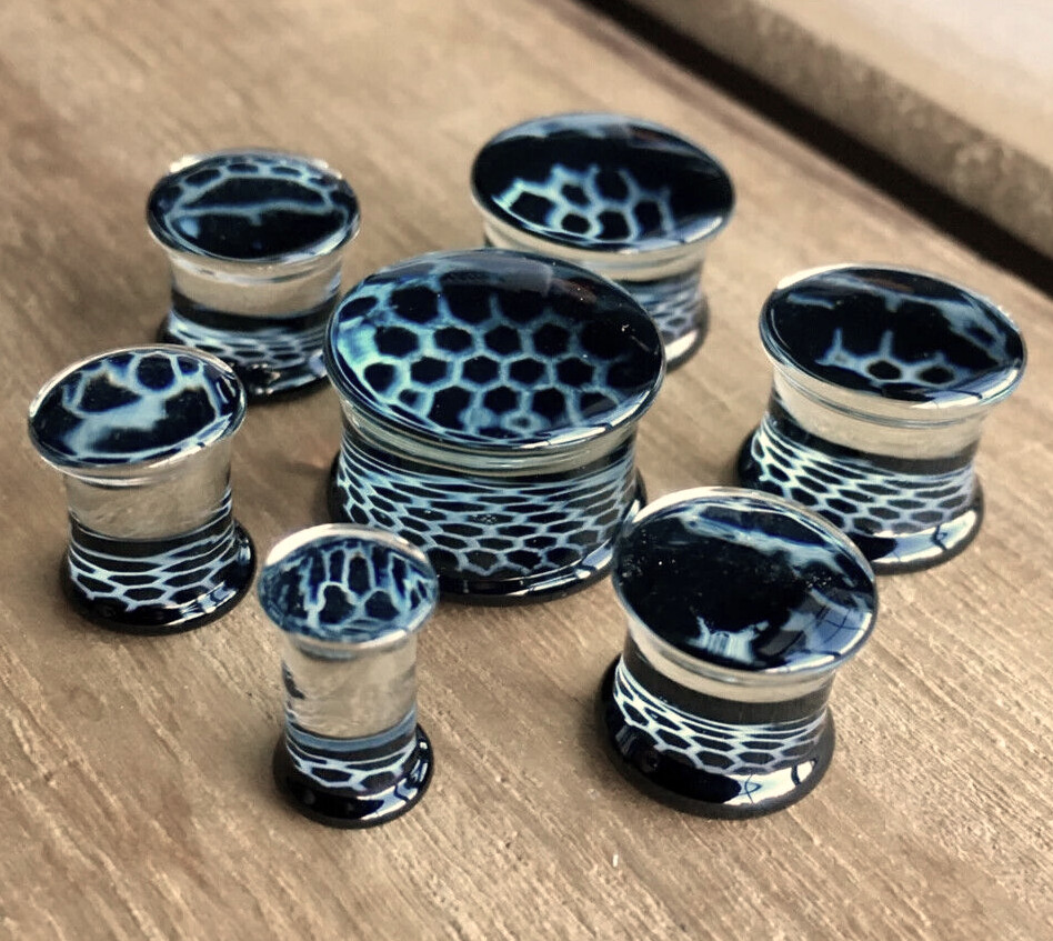 PAIR Black Honeycomb Design Pyrex Glass Double Flare Plugs Gauges Body Jewelry