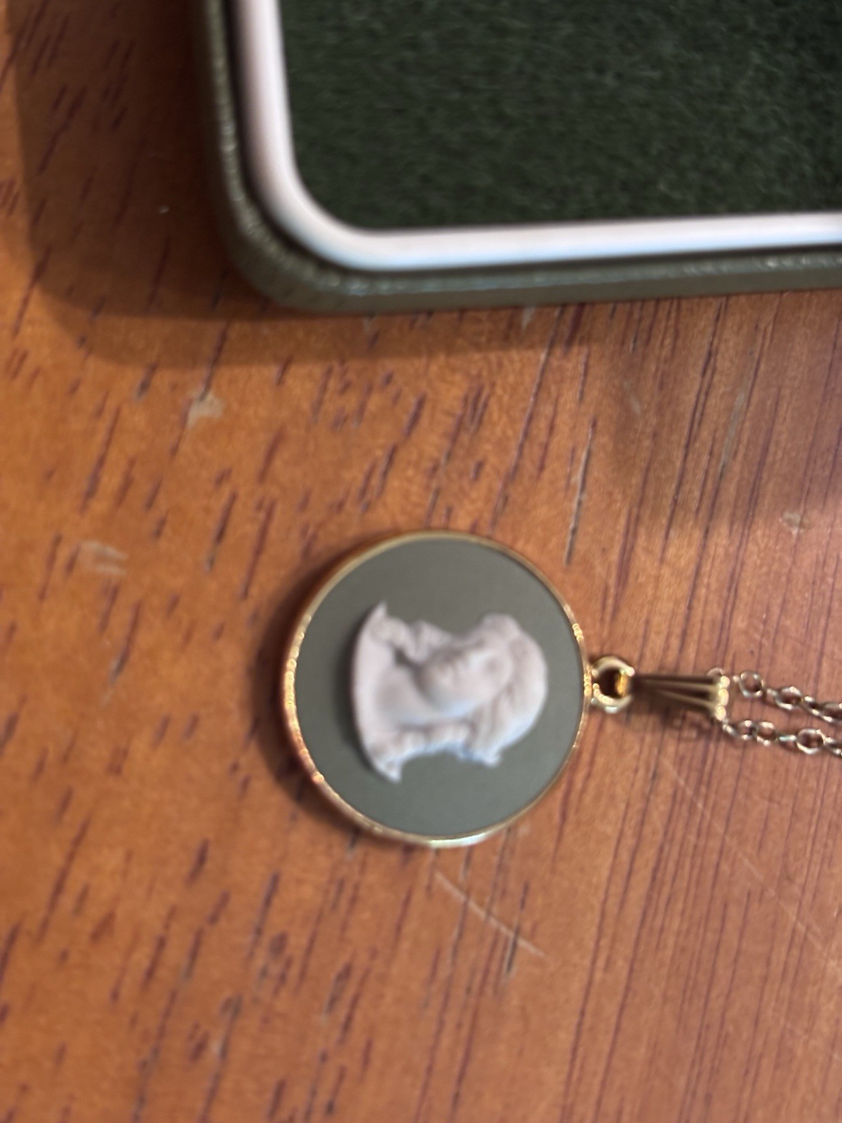 Wedgwood Jasper-ware Sage Cameo Pendant Necklace Green/White Oval Signed In Box