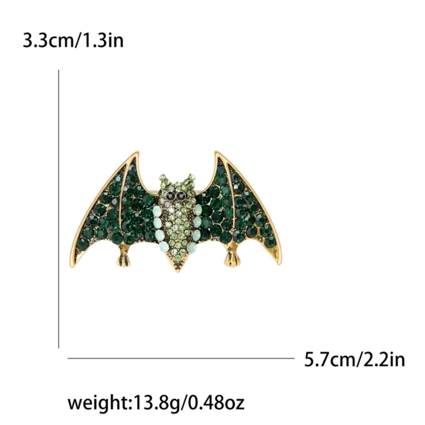 Bat Brooch Pin Gold Tone Metal Black & White Round Rhinestone Crystals