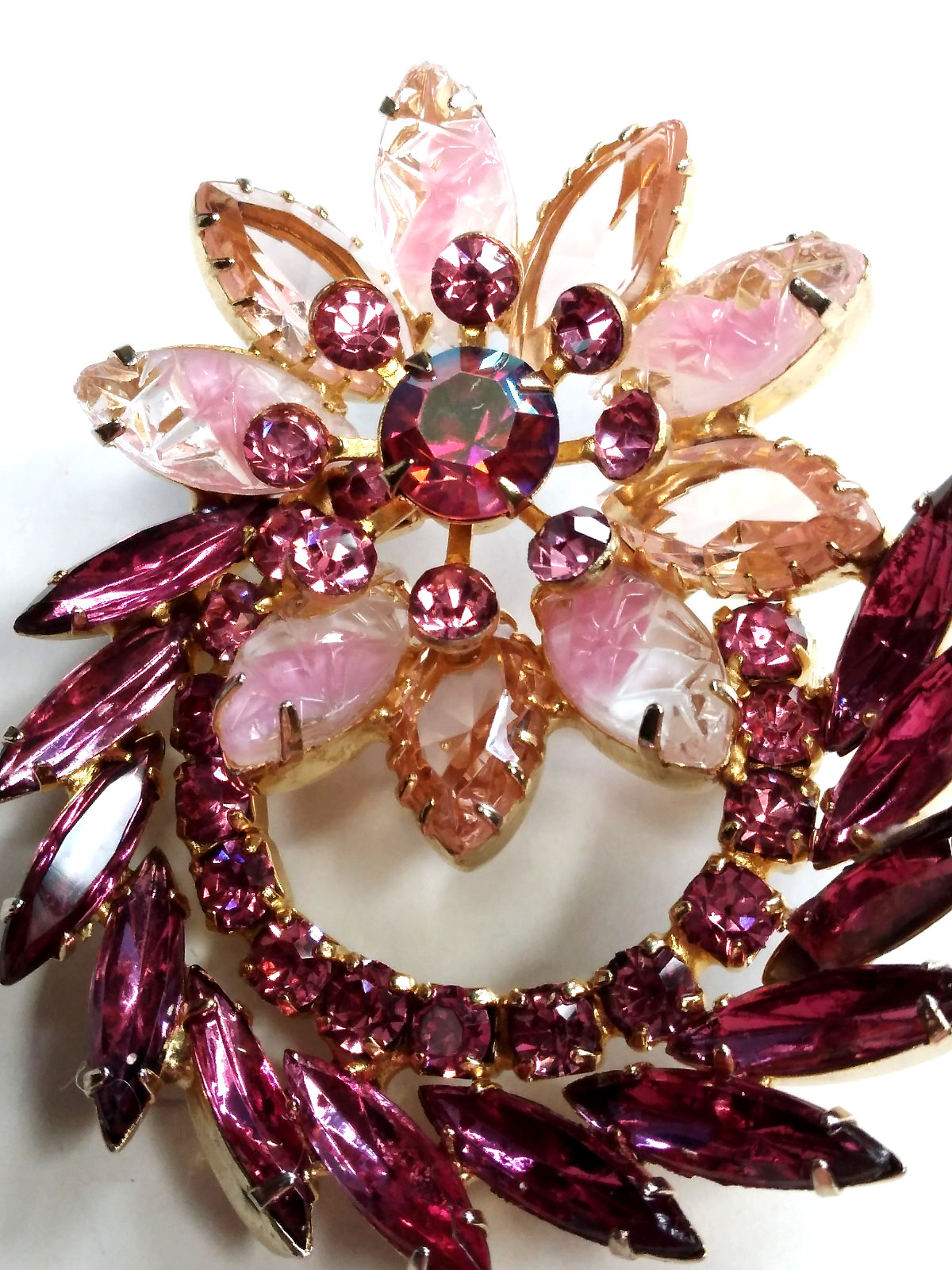 Juliana Pink Brooch Givre Lava Glass Dark Pink Navetts Gold Tone Rivet Prong Set