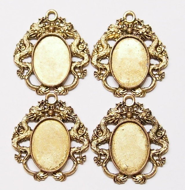 4 of 25x18mm Antique Gold Victorian Deco Dragon Cab Pendant Settings 44x39mm