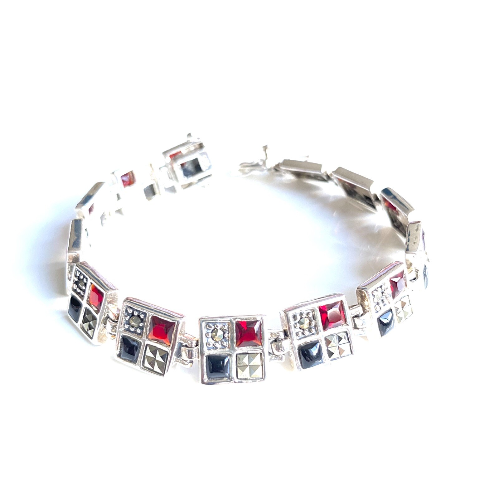 GARNET ONYX Squares BRACELET w/ Marcasite 925 STERLING SILVER (7.5 inch Long)