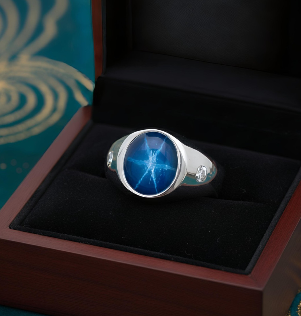 Blue Star Sapphire Mens Ring 925 Sterling Silver Dainty Star Sapphire Ring