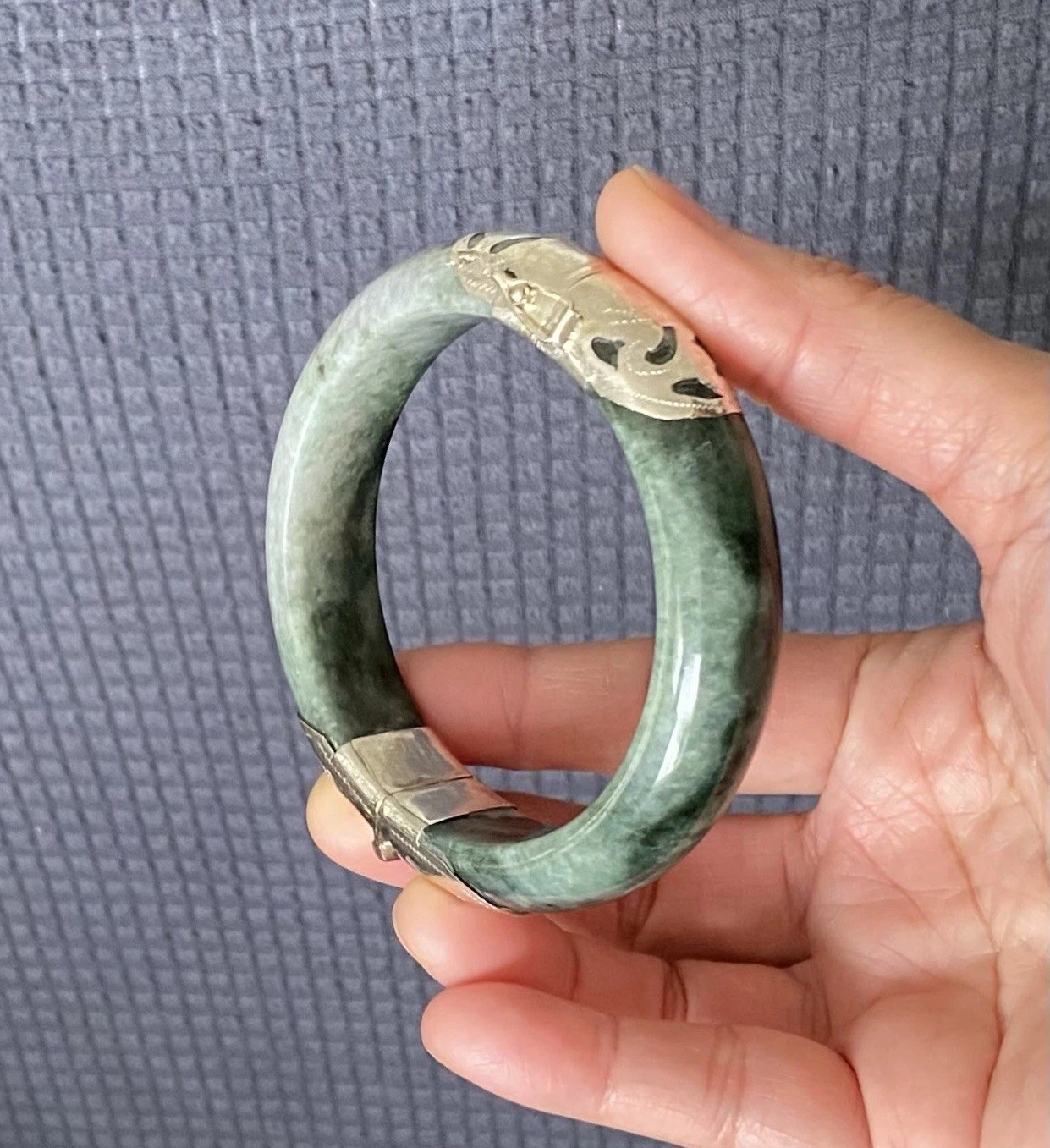 7.1 ” 925 Silver Handmade Genuine Burmese Jade Women Bangle Bracelet US SELLER