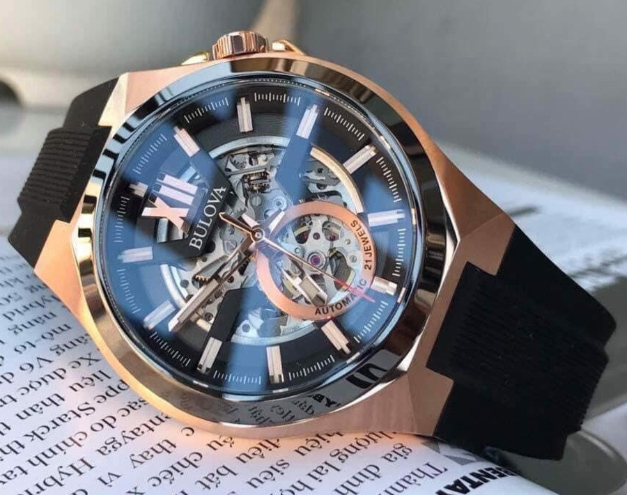 Bulova Maquina Automatic Sapphire Rose Gold Black Dial Silicone Watch 98A177