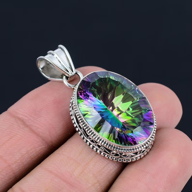 Rainbow Mystic Topaz Gemstone Pendant 925 Sterling Silver Handmade Jewelry