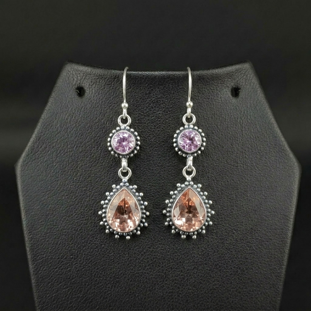 Morganite And Kunzite Gemstone 925 sterling silver Dangle Drop Earrings 2.25″