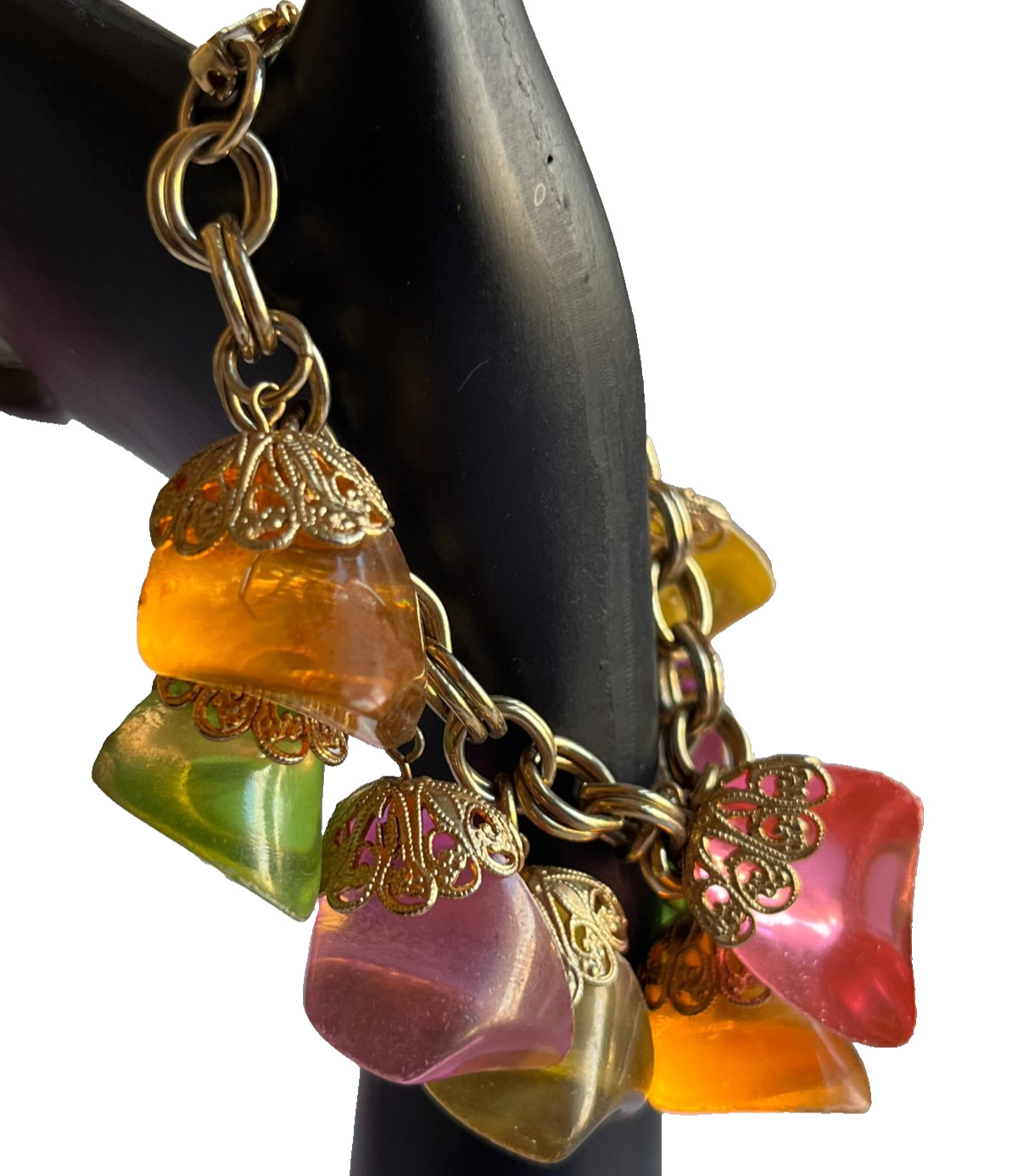 Vintage Lucite Charm Double Link Dangle Bracelet Pastel Pink Green Orange Yellow