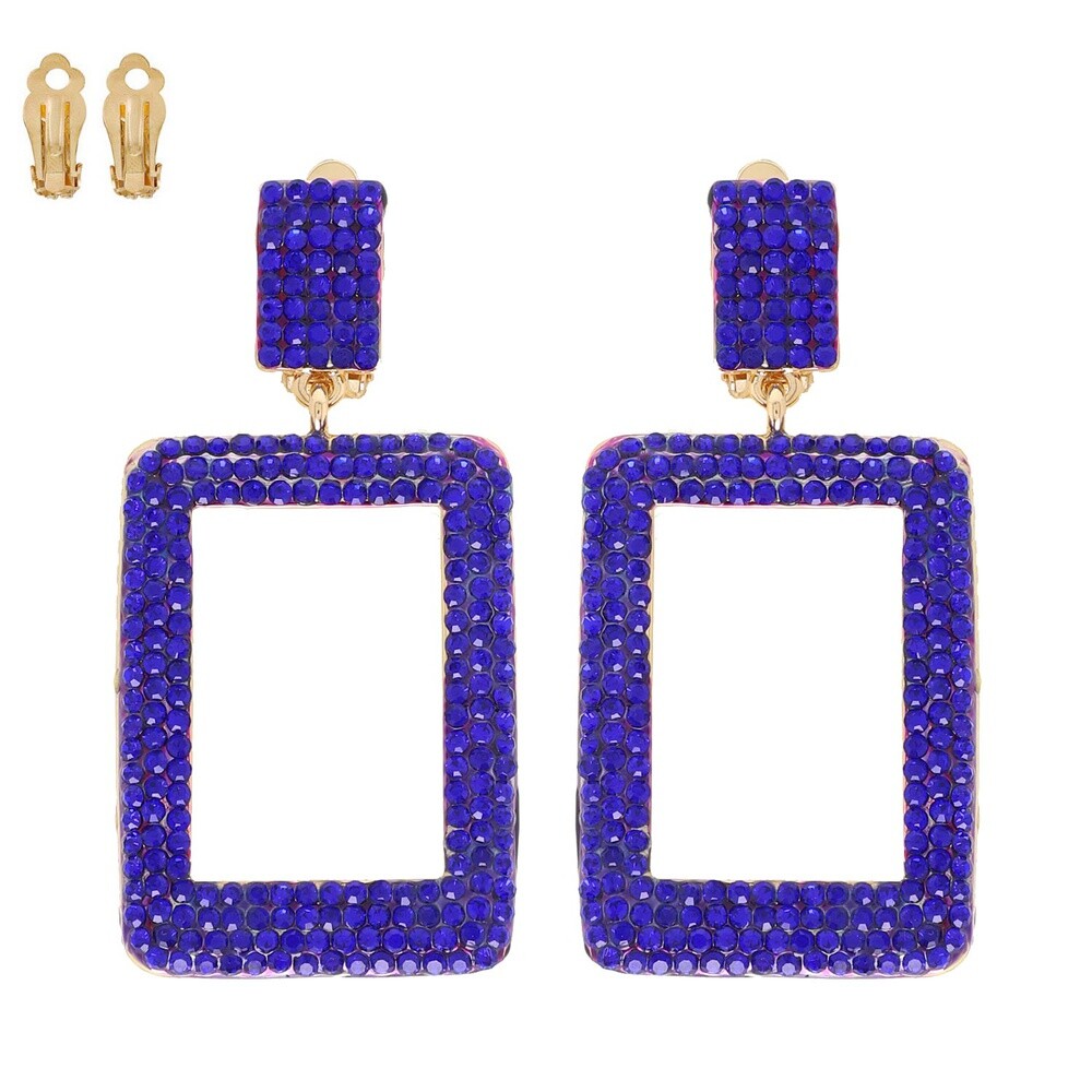 Blue Crystal CLIP Earrings Large Rectangle Hoop Pageant Drag Queen