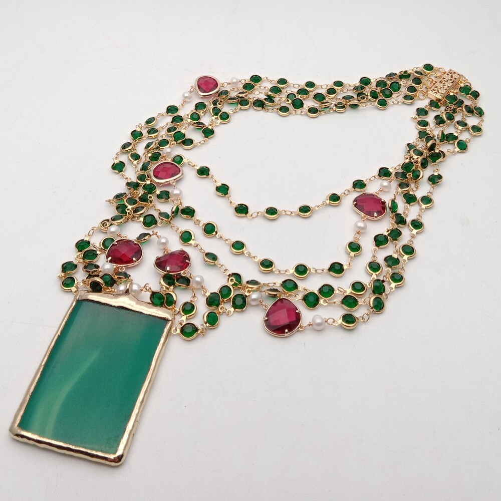 5 Strands White Pearl Green Crystal Chain Necklace Green Agate Pendant 18”