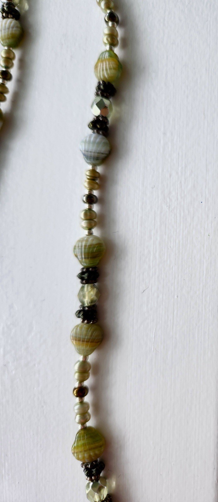 Handmade Beaded Necklace with Czech Scallop Beads and Multicolor Accents 22 Inch