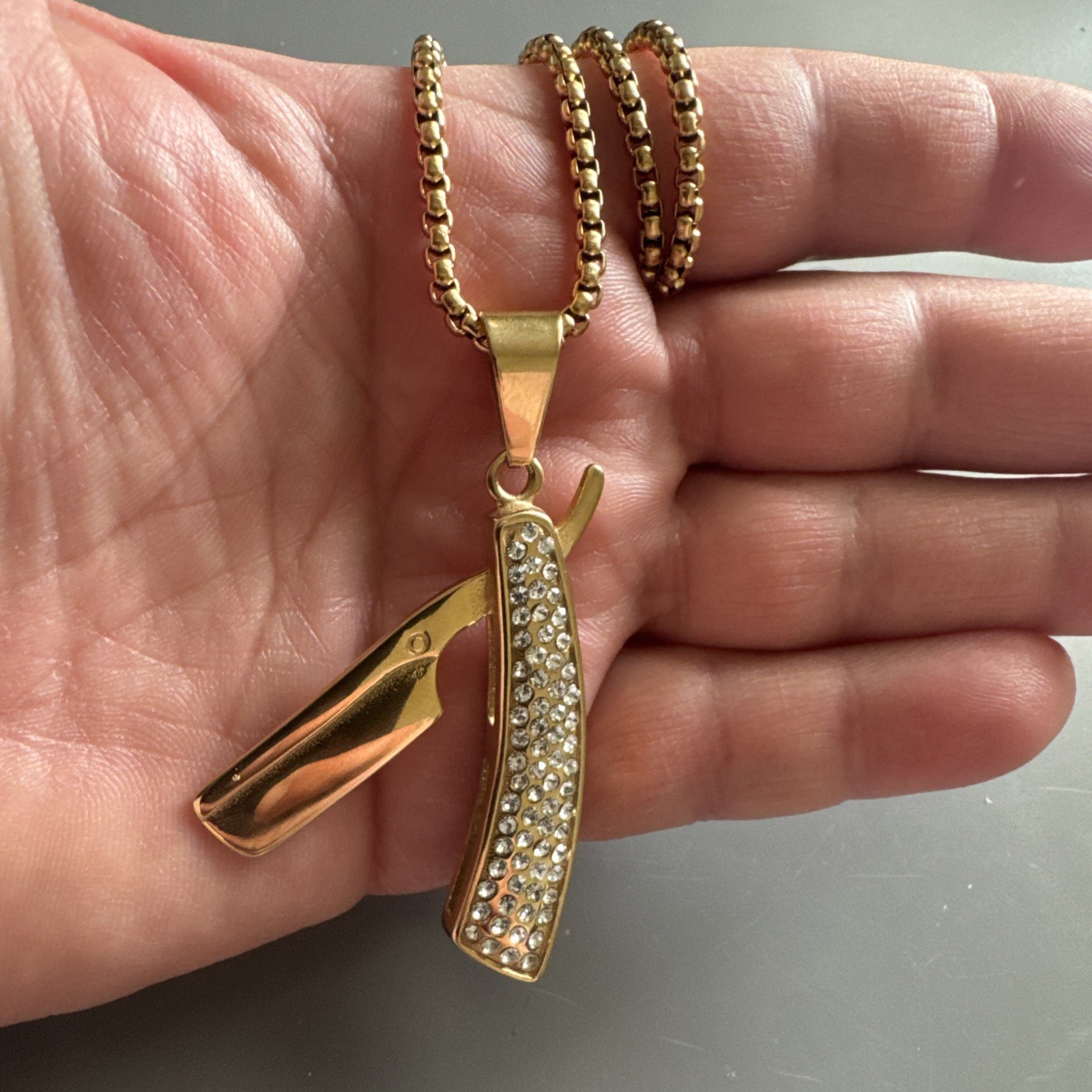 Razor Blade Barber Gold Plated Cubic Zirconia Pendant 24 Inch Chain Men’s Gift