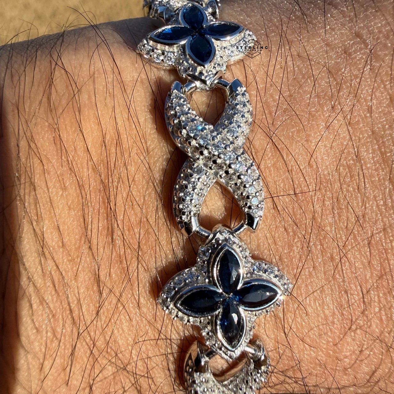 925 Sterling Silver Blue Marquis Infinity Bracelet 14mm 8″ Hip Hop Bling Mens