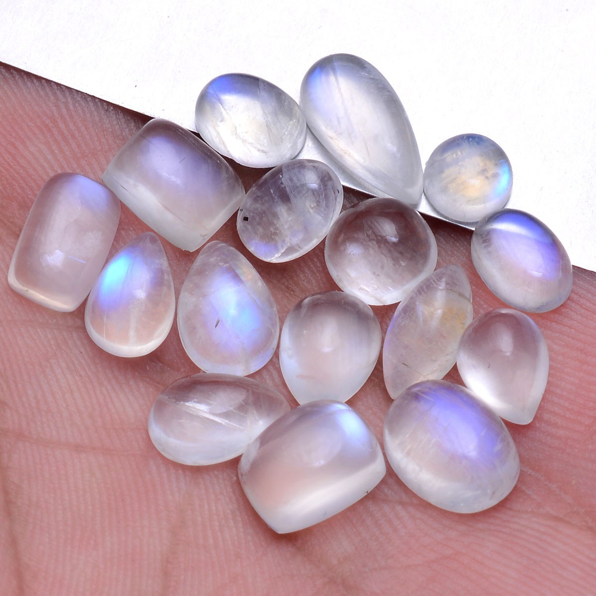 16 Pcs Natural Moonstone Blue Shine 6mm-12mm Smooth Mix Cabochon Loose Gemstones