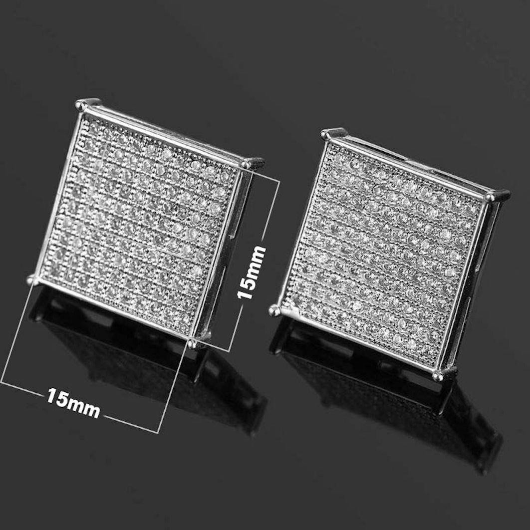 Mens Ladies 925 Sterling Silver 15mm CZ Square Kite Earrings