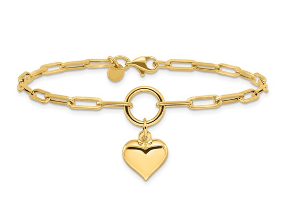 14K Yellow Gold Puffed Heart Paper Clip Link Bracelet (7.25 inches)