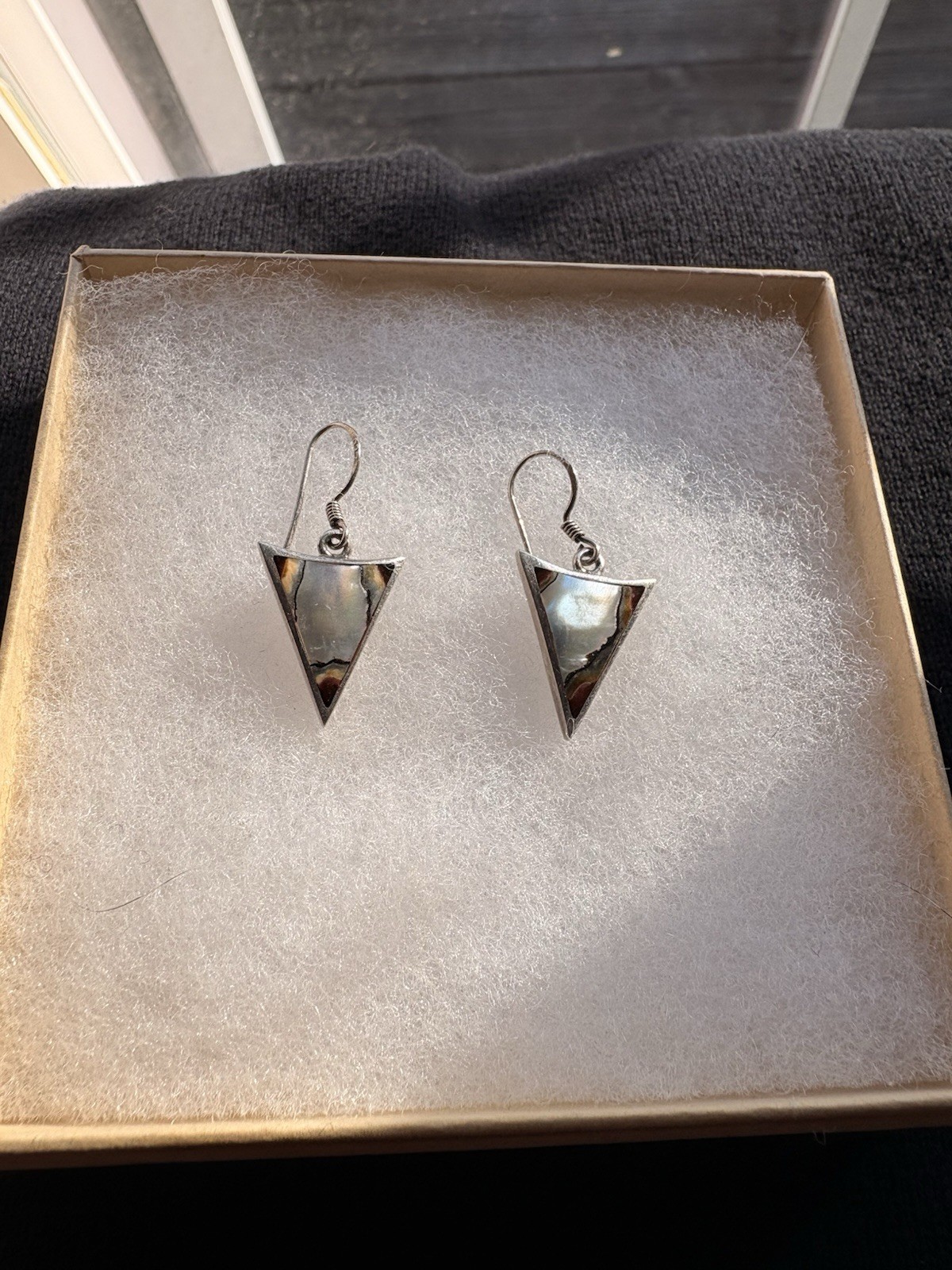 Sterling Silver 925 Abalone Triangle Dangle Earrings 3/4 Inch 3/4 Drop