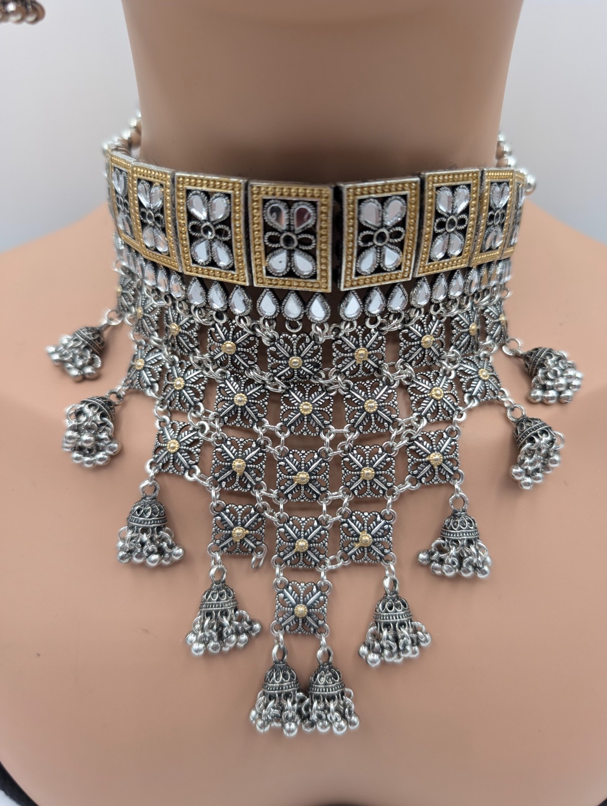 See Noor Dual Tone Fusion Style Necklace Set with Jhumka Bells