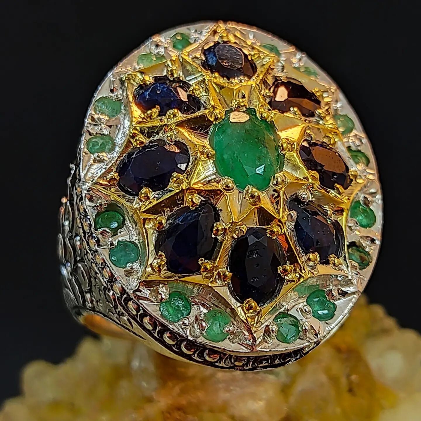 Natural Emerald Stones with Sapphire Stones Ring Multi Stones Handmade Ring
