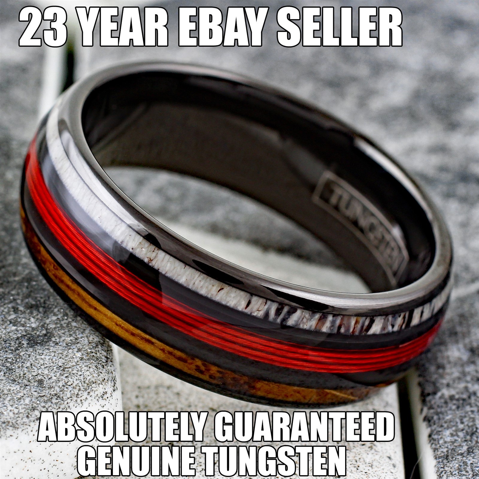 Black Tungsten Carbide Ring Red Fishing Line-Whiskey Barrel Deer Antler Band