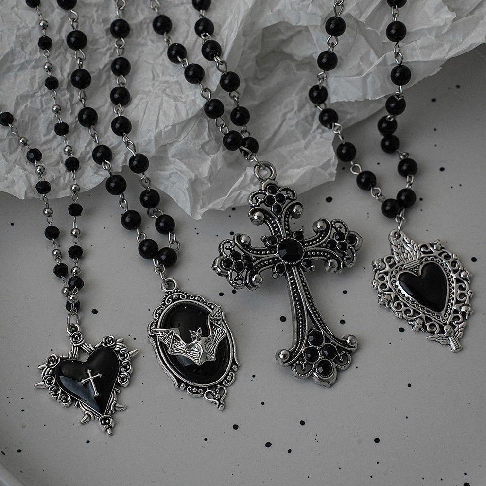 Stainless Steel Black Gothic Retro Religious Cross Heart Bat Pendant Necklace