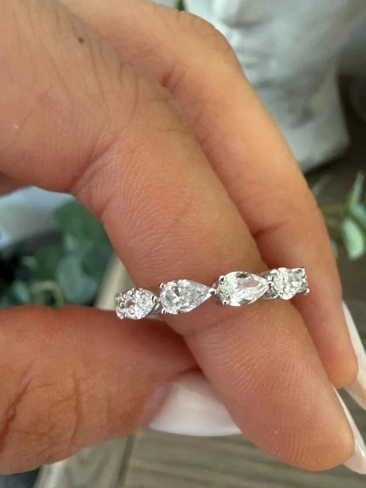 2.40Ct EAST-WEST PEAR-Cut Natural Diamond Full Eternity Band 14k White Gold 6 7