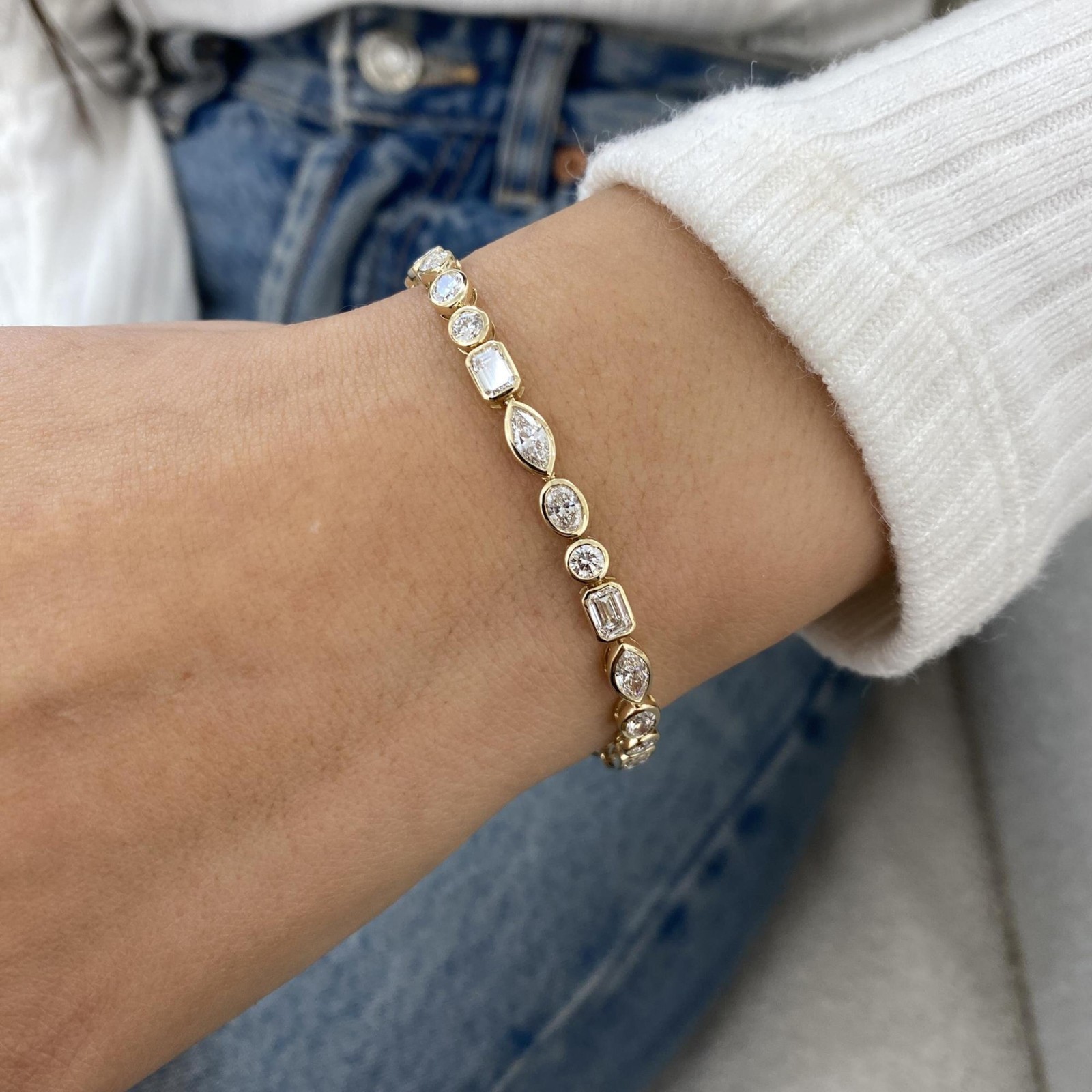 14k Solid Yellow Gold Lab Grown Diamond Multi Cut Bezel Style Tennis Bracelet