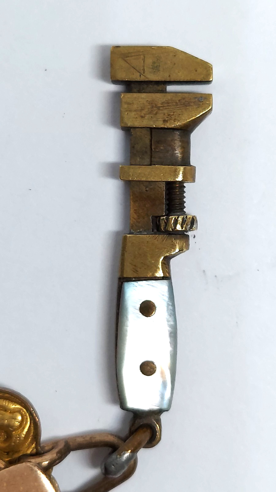VTG Antique Miniature monkey Wrench works watch Fob charm Gold Filled Chain Clip