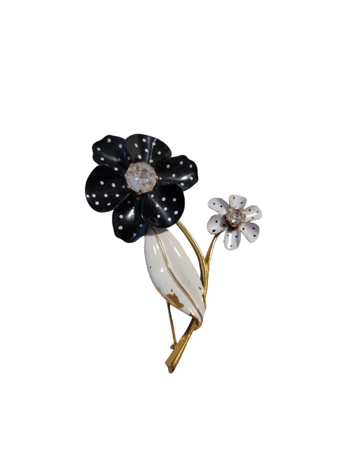 Avon Black & White Polka Dot Rhinestone Flower Pin Brooch Missing Paint 3.5″