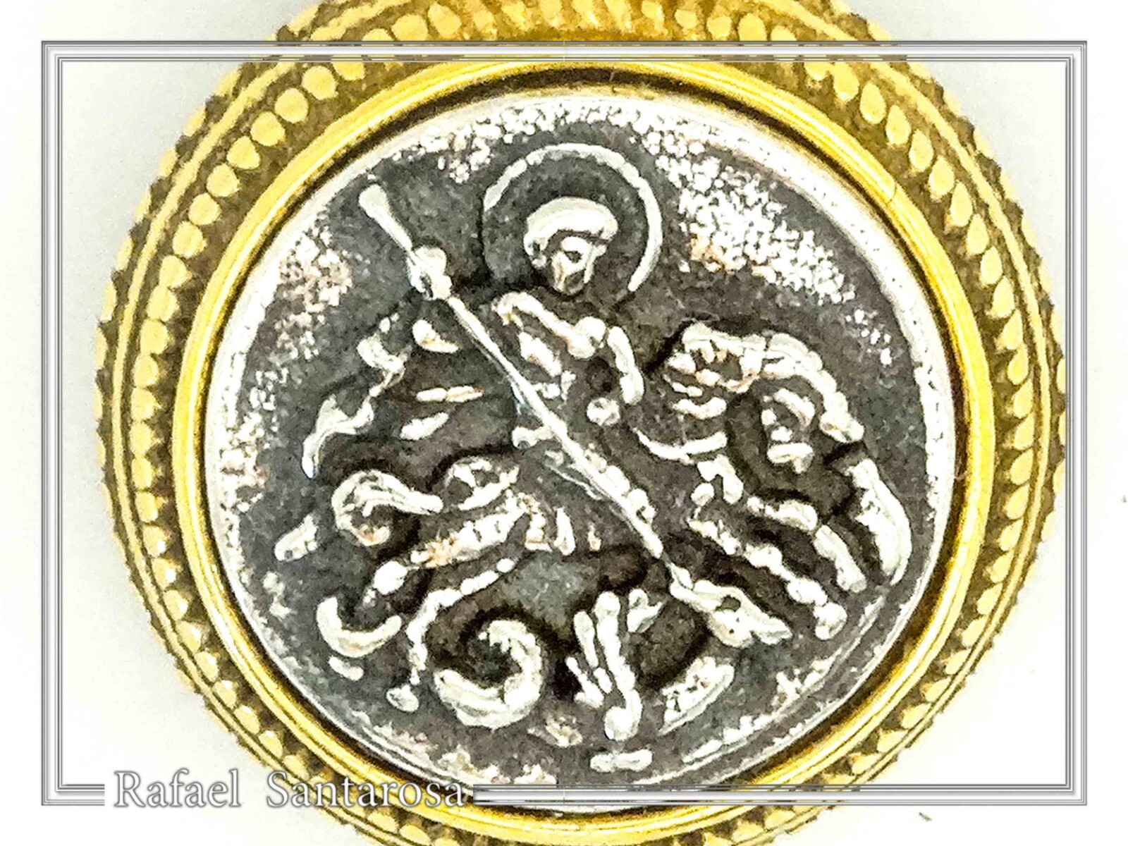 St. George killing Evil talisman charm oxidized silver coin 18ct filligree decor
