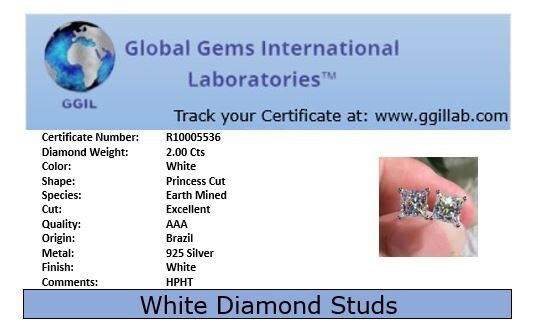 2.00 Ct Certified Princess Cut White Diamond Solitaire Studs-Great Shine & Bling