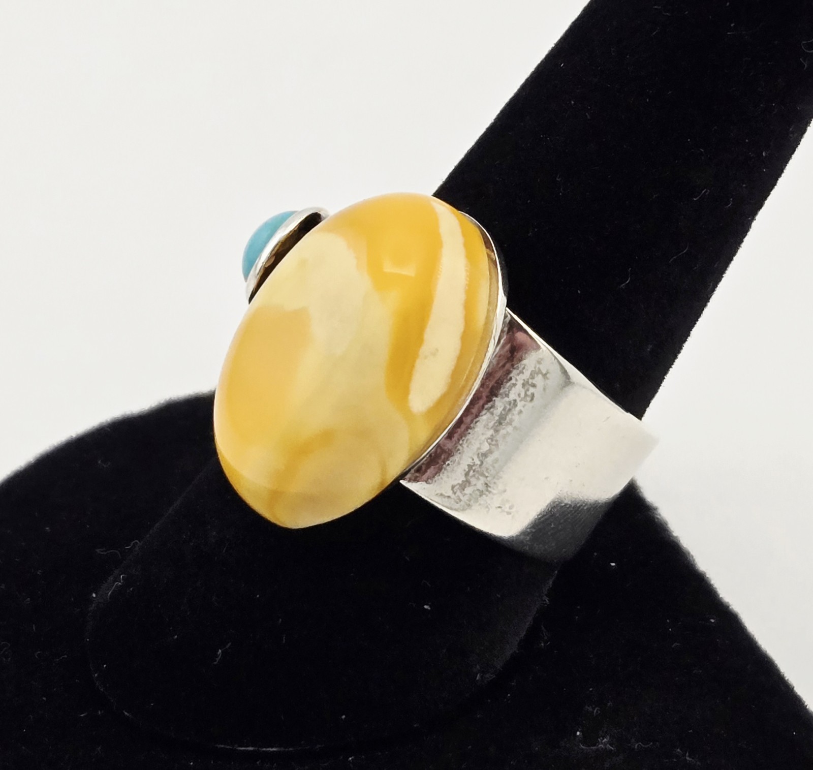 Vintage Butterscotch Baltic Amber Turquoise Sterling Silver Ring Size 9 – 8g
