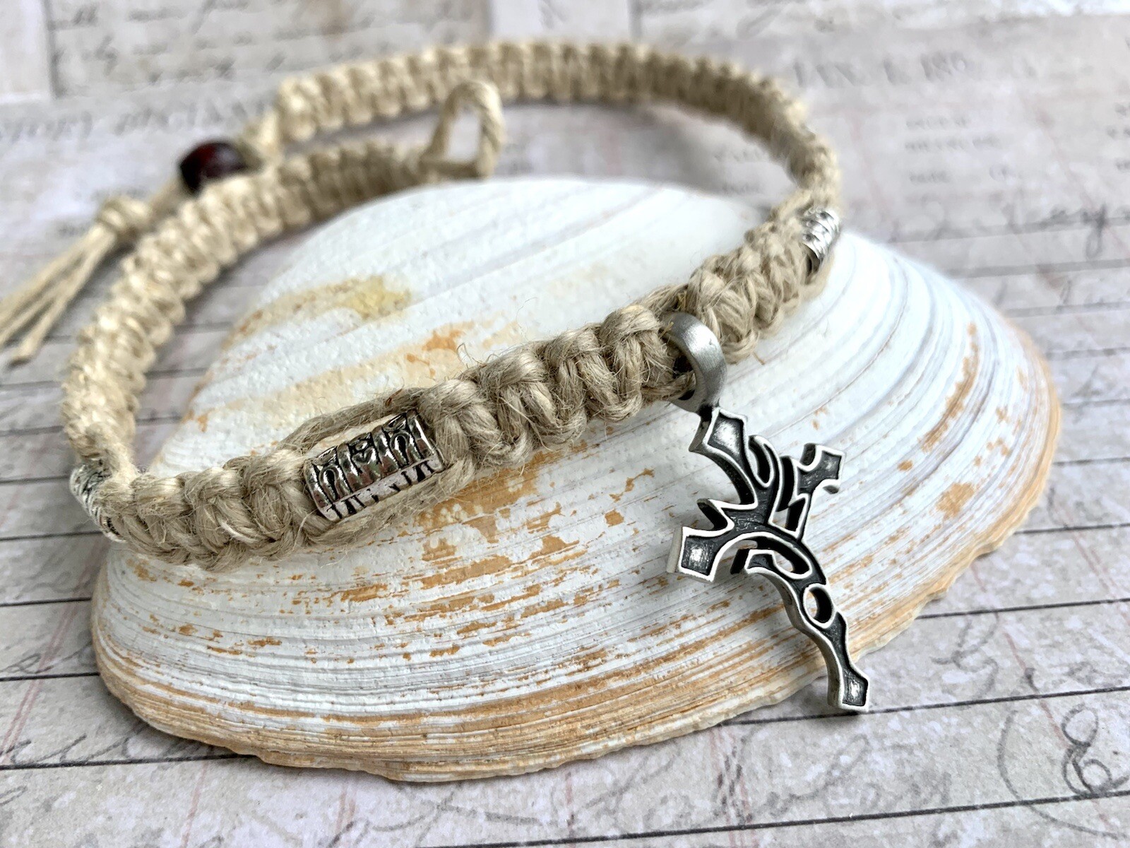Hemp Surfer Necklace with Pewter Cross Mens Jewelry