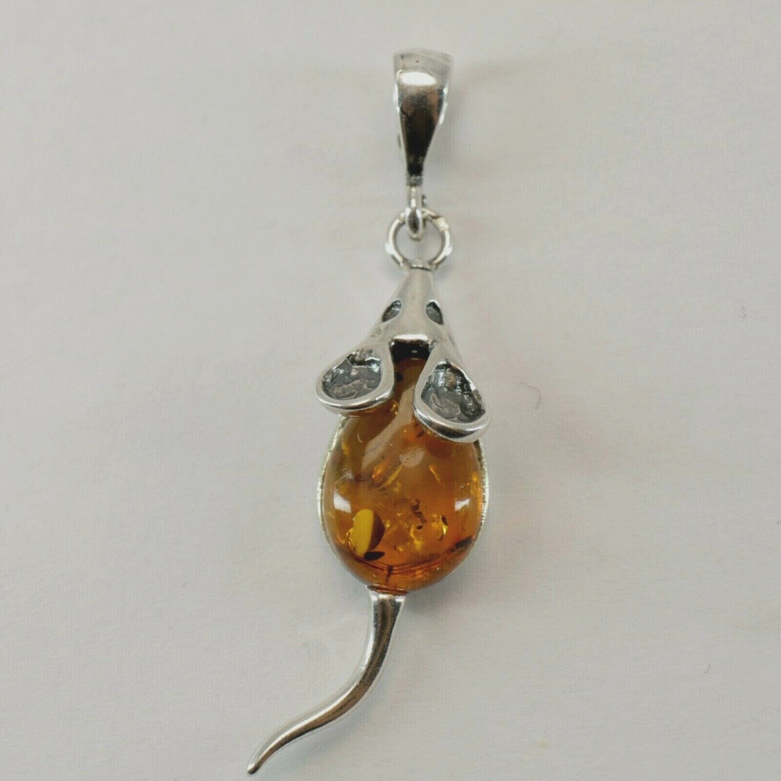 Natural, Cognac / Brown BALTIC AMBER Mouse Pendant 925 STERLING SILVER #5104