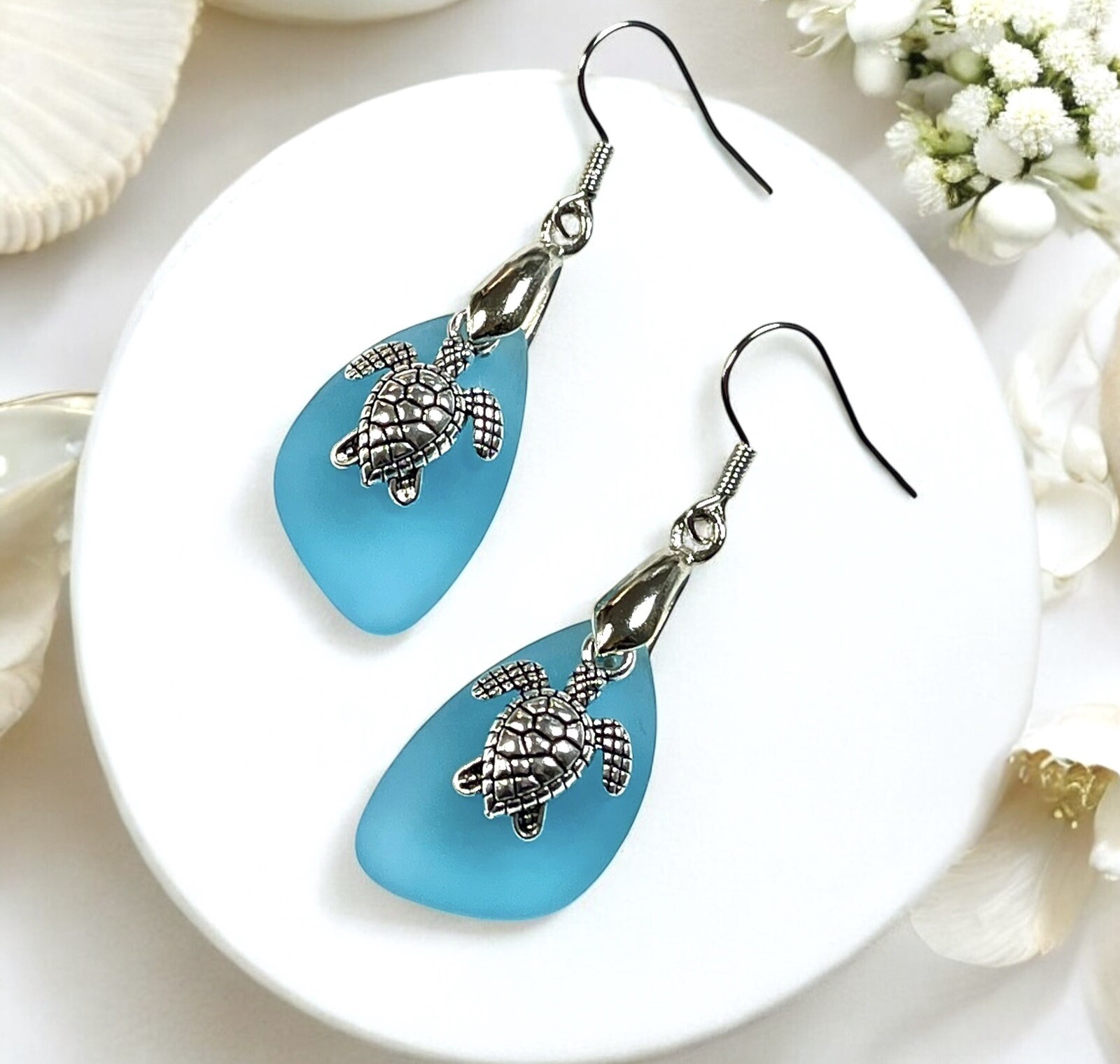 Turtle Earrings, Sea Glass Turtle Earrings,.925 Sterling Silver Ear Wires