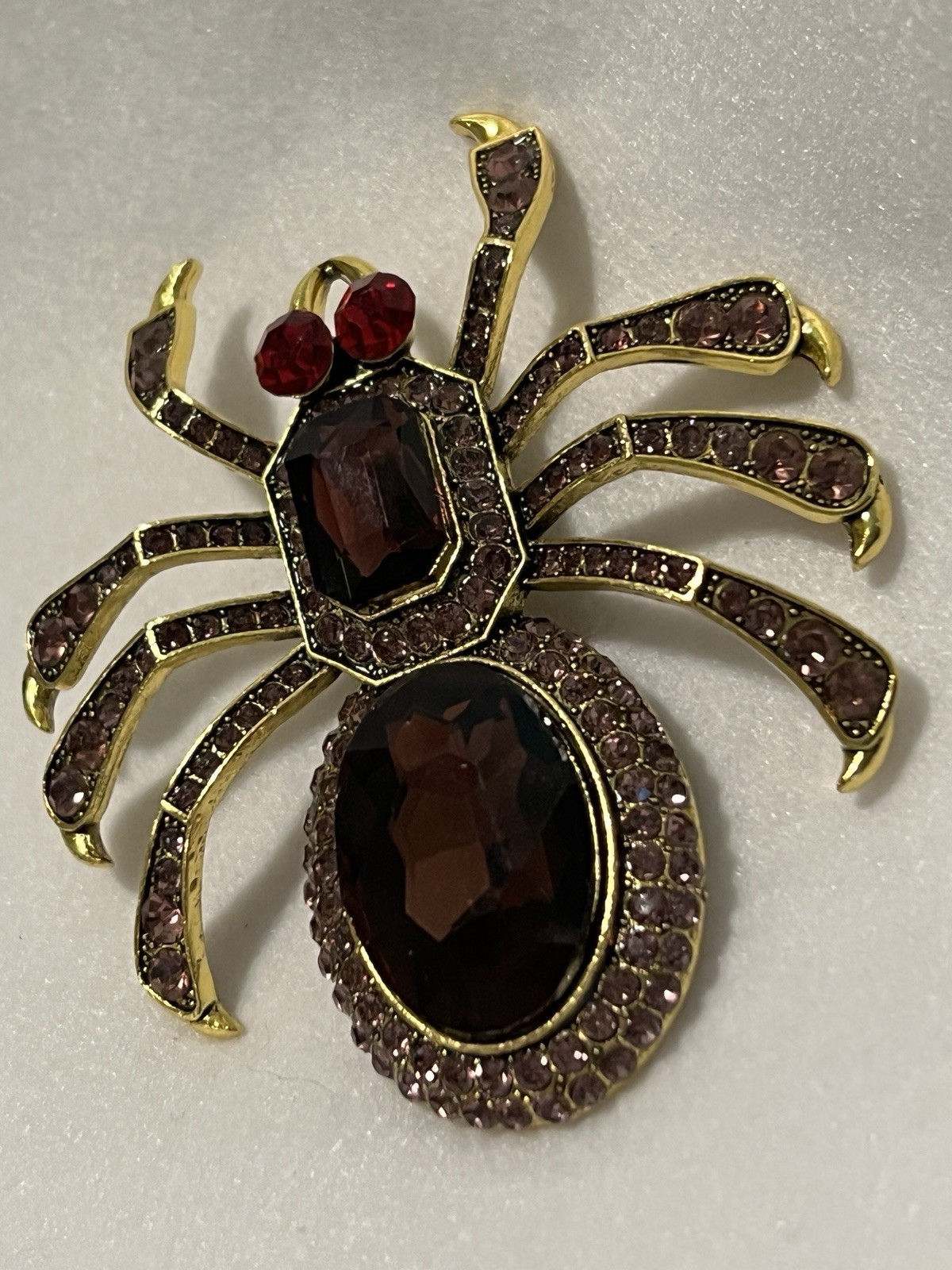 Spider Brooch Gold Tone Metal Red Burgundy