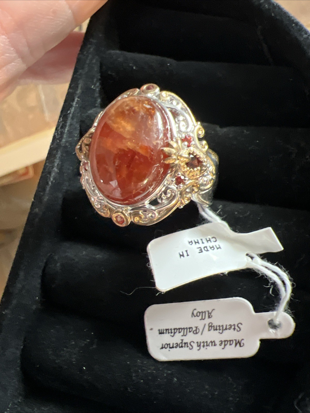 Gems en Vogue 925 Orange Sunstone Palladium Ring Sz 10 #JV48